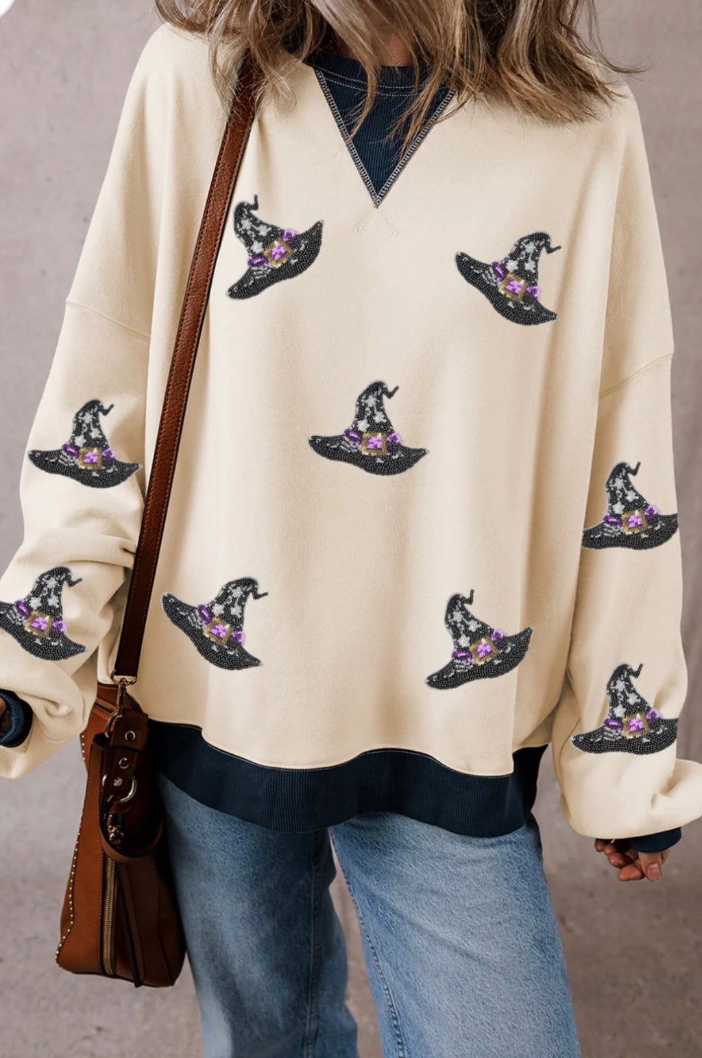 Halloween Witch Hat Patched Sweatshirt