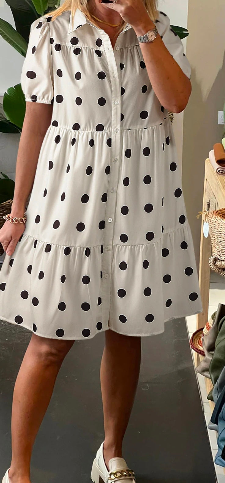 Dot Collar Buttoned Tiered Babydoll Dress