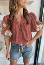 Load image into Gallery viewer, Embroidered Floral Puff Sleeve Split Neck Blouse
