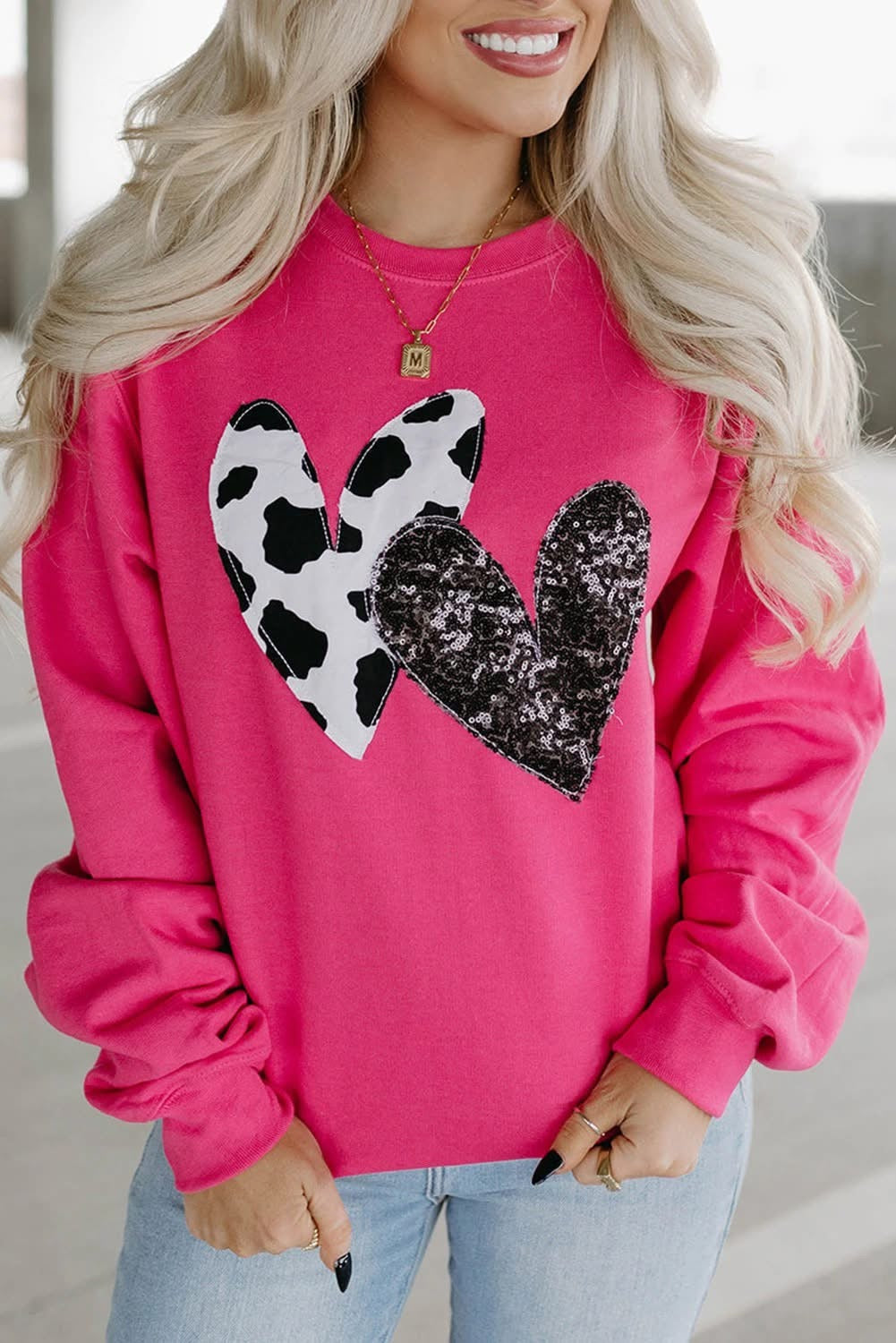 Pink Cow & Sequin Heart Sweatshirt