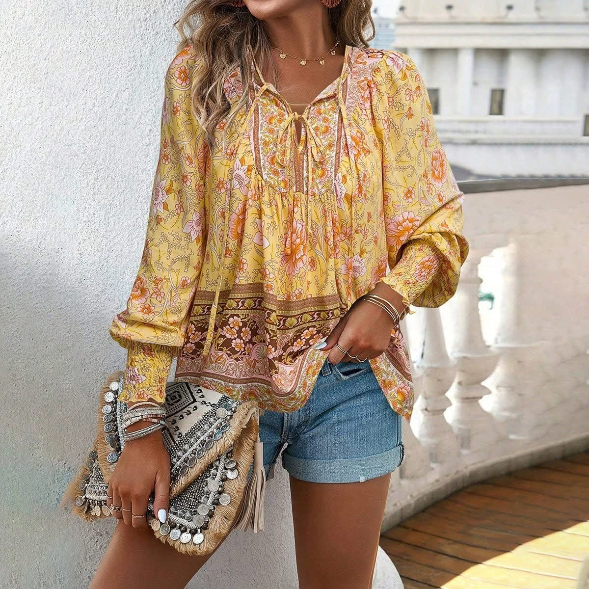 Tie Front V Neck Bohemian Top