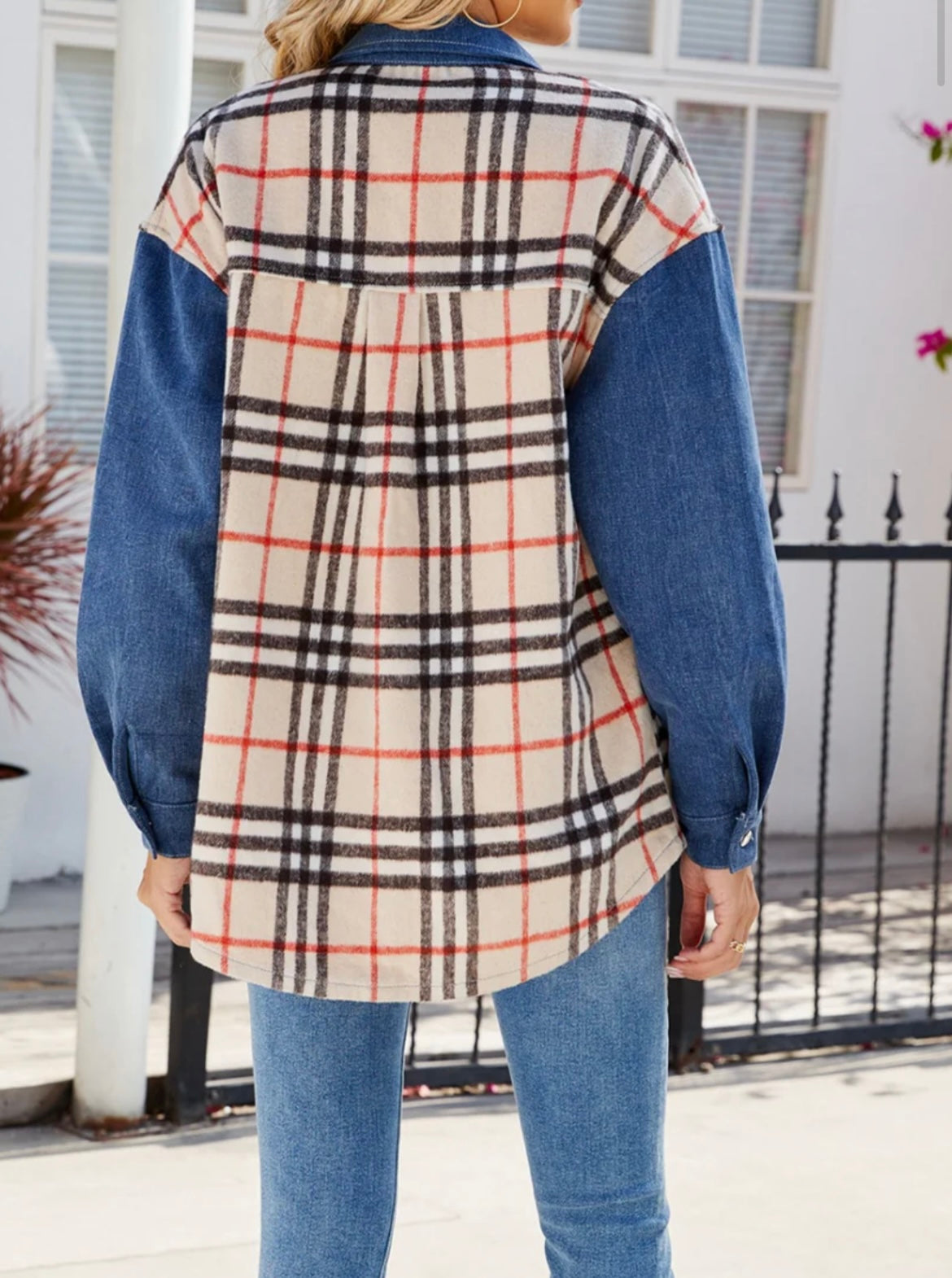 Plaid Long Sleeve Denim Jacket