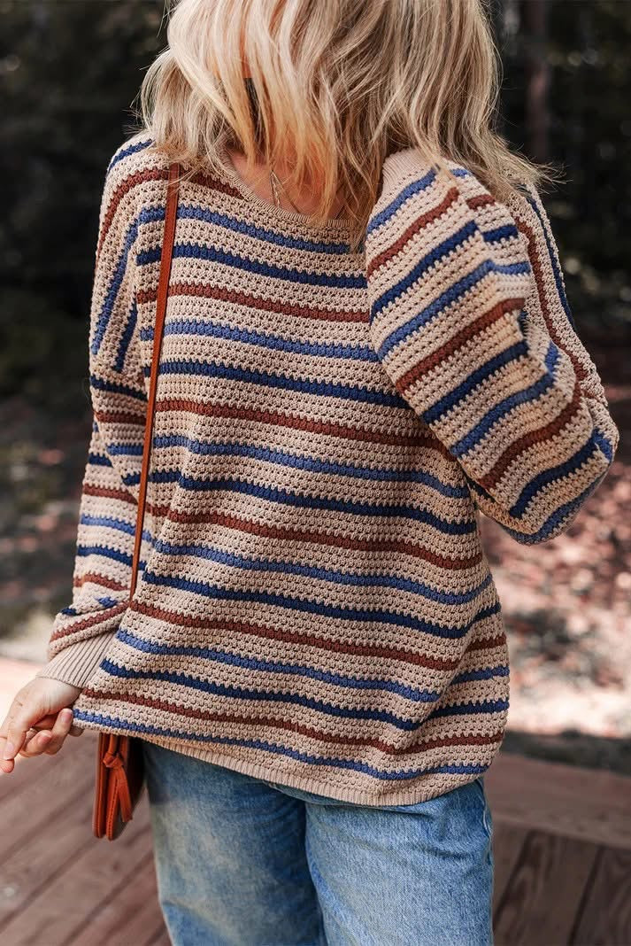 Striped Knitted Drop Shoulder Round Neck Sweater