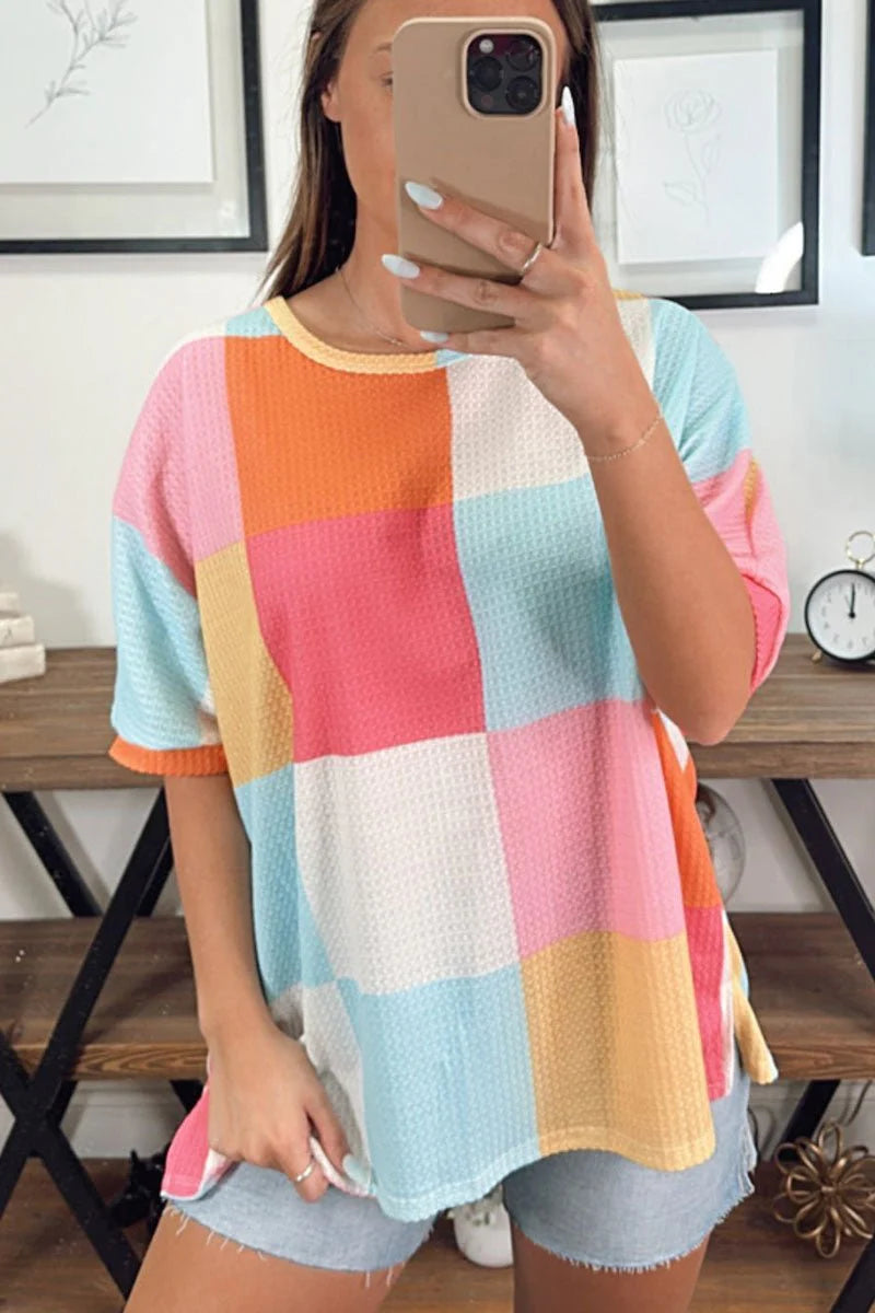 BEACH BREAK LIGHT BLUE WAFFLE KNIT COLORBLOCK TOP