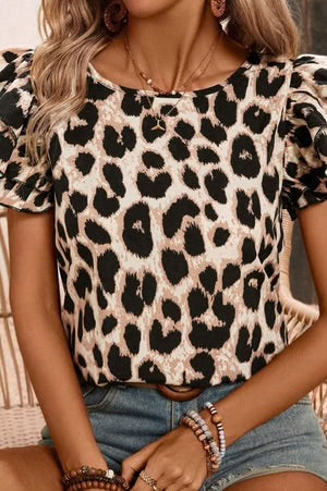 PURRFECTION KHAKI LEOPARD RUFFLE SLEEVE BLOUSE **SHIPPING EXPECTED TO BEGIN ON DATE 3/15**