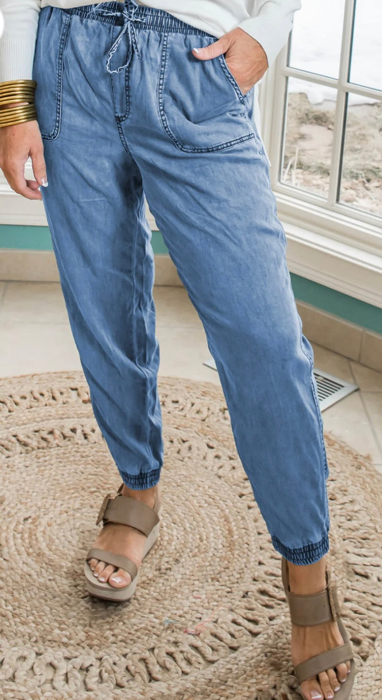 Plus Size Drawstring Waist Pocketed Denim Joggers