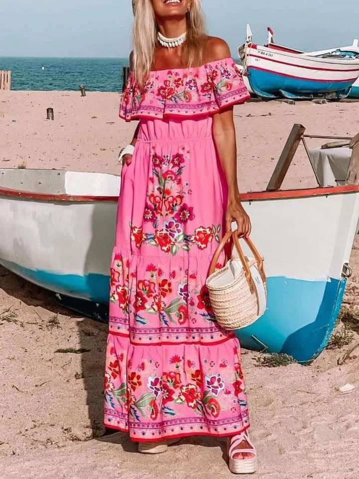 Floral Off Shoulder Ruffle Maxi Dress