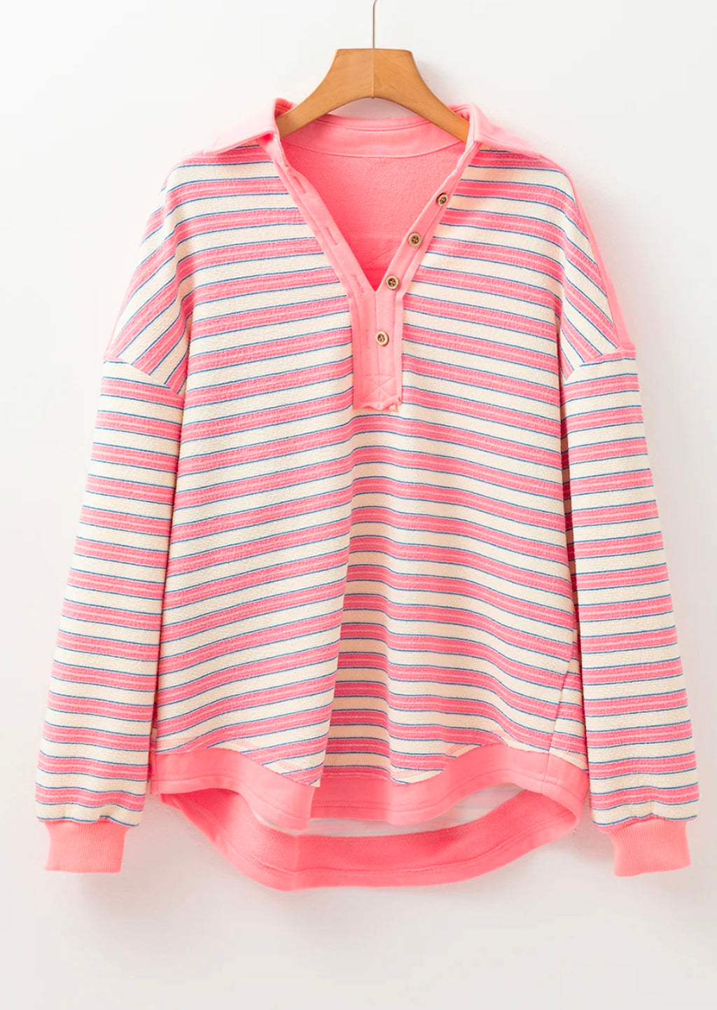 Stripe Buttoned V Neck Collared Top