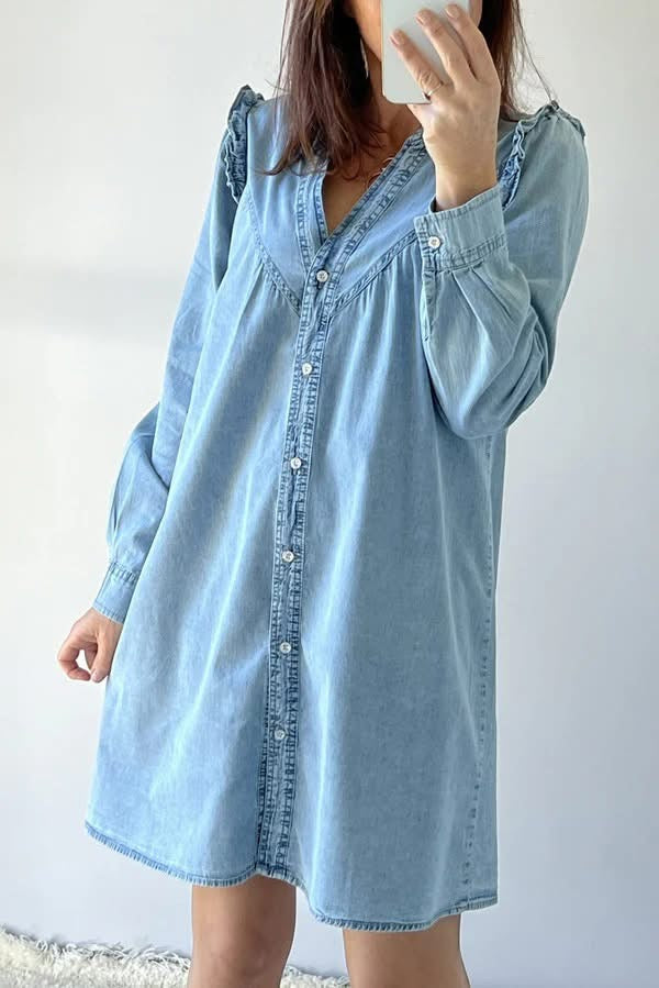 Ruffled Neck Denim Buttoned Dress