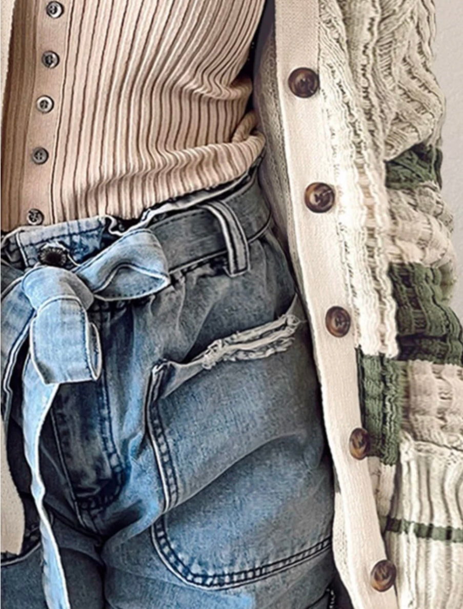 Plus Size Striped Button Up Dropped Shoulder Cardigan