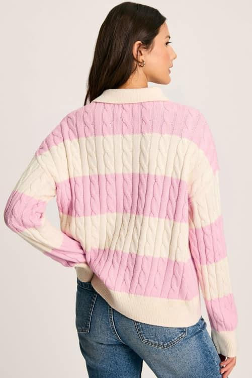 Pink Stripe Cable Henley Sweater