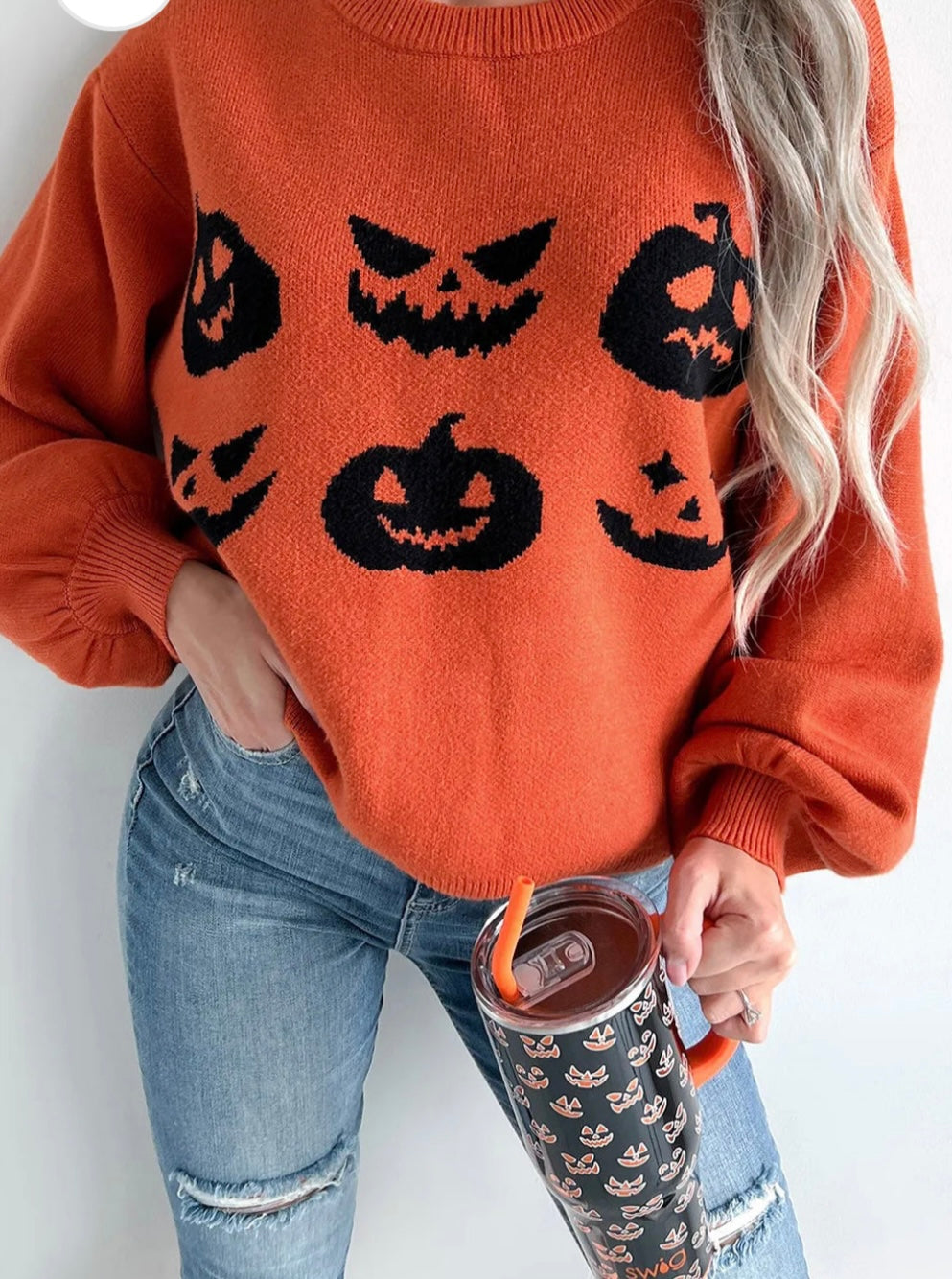Pumpkin Pattern Round Neck Sweater