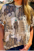 Cowboy Print Round Neck Short Sleeve T Shirt