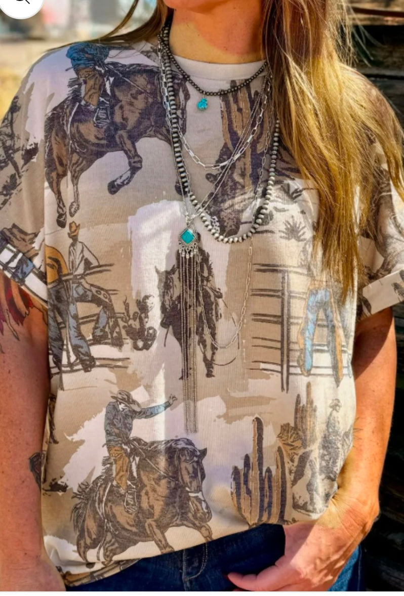 Cowboy Print Round Neck Short Sleeve T Shirt