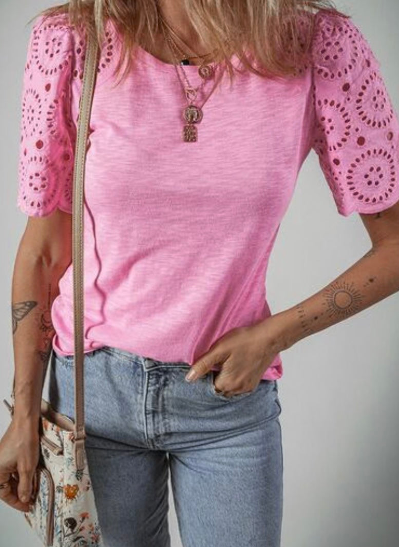 Eyelet Embroidery Scalloped Sleeve Round Neck Top