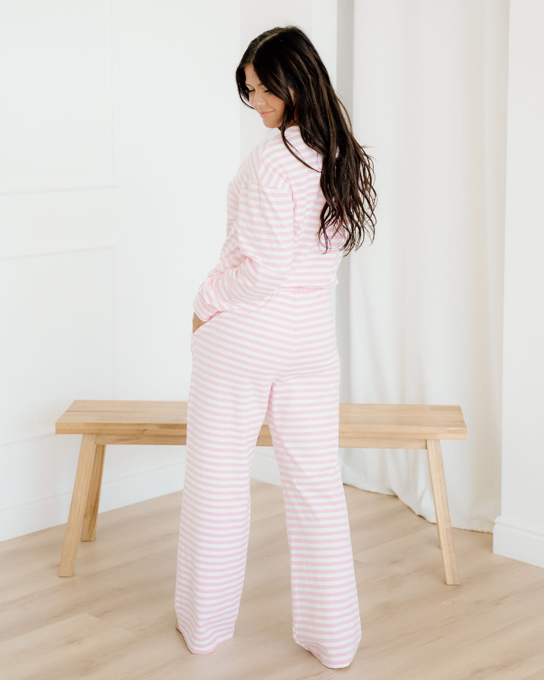 Thea Stripe Drop Shoulder Round Neck Top and Buttoned Straight Pants Two Piece Set Indie & Co.