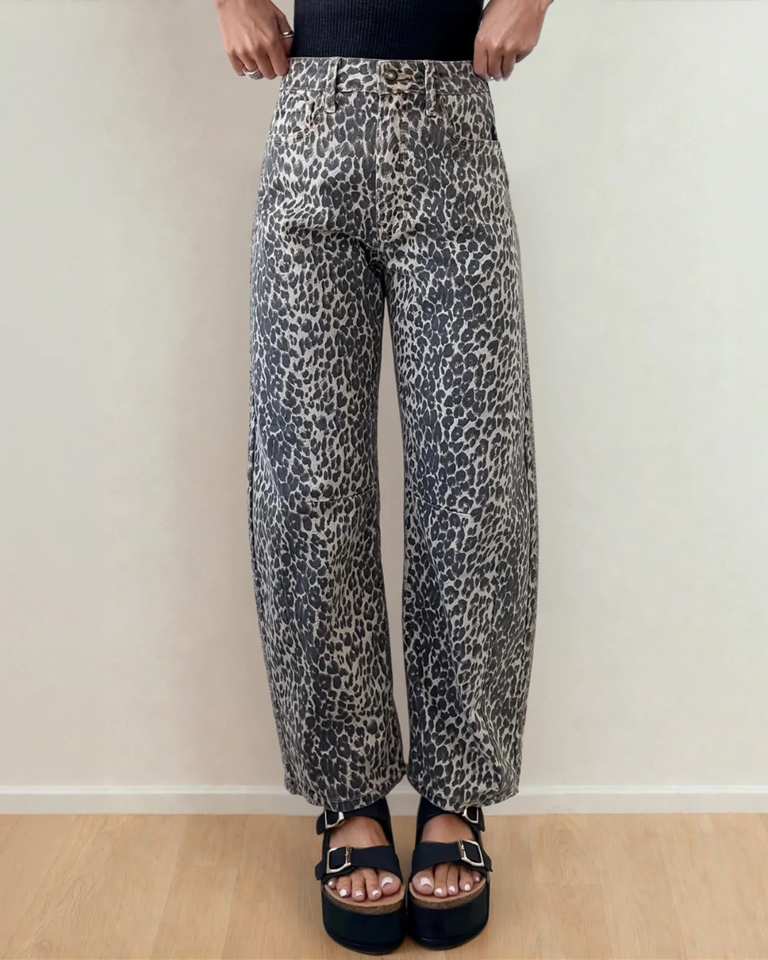 Naeve Leopard Print High Waist Barrel Jeans Indie & Co.