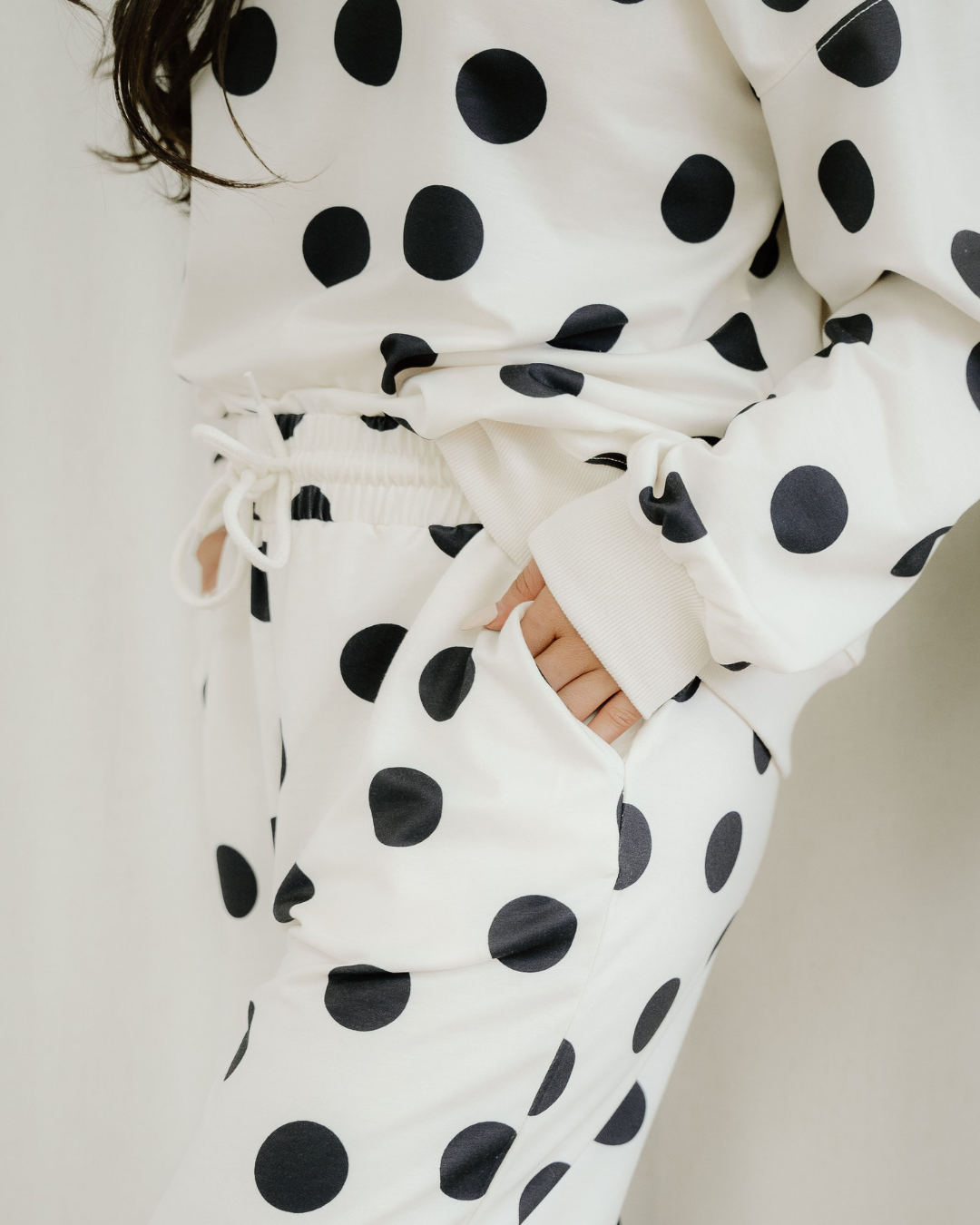 Polka Dot Print Drop Shoulder Pullover Drawstring Jogger Pant Set - Beige Indie & Co.