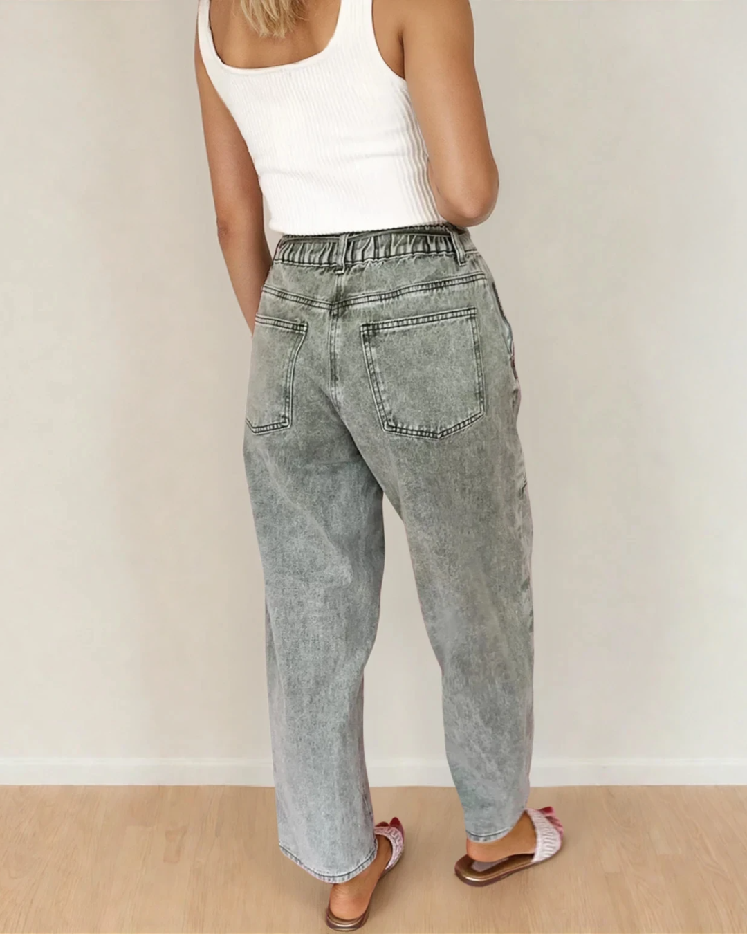 Shiloh Acid Wash Barrel Fit Denim Pants with Waist String - Gray Indie & Co.