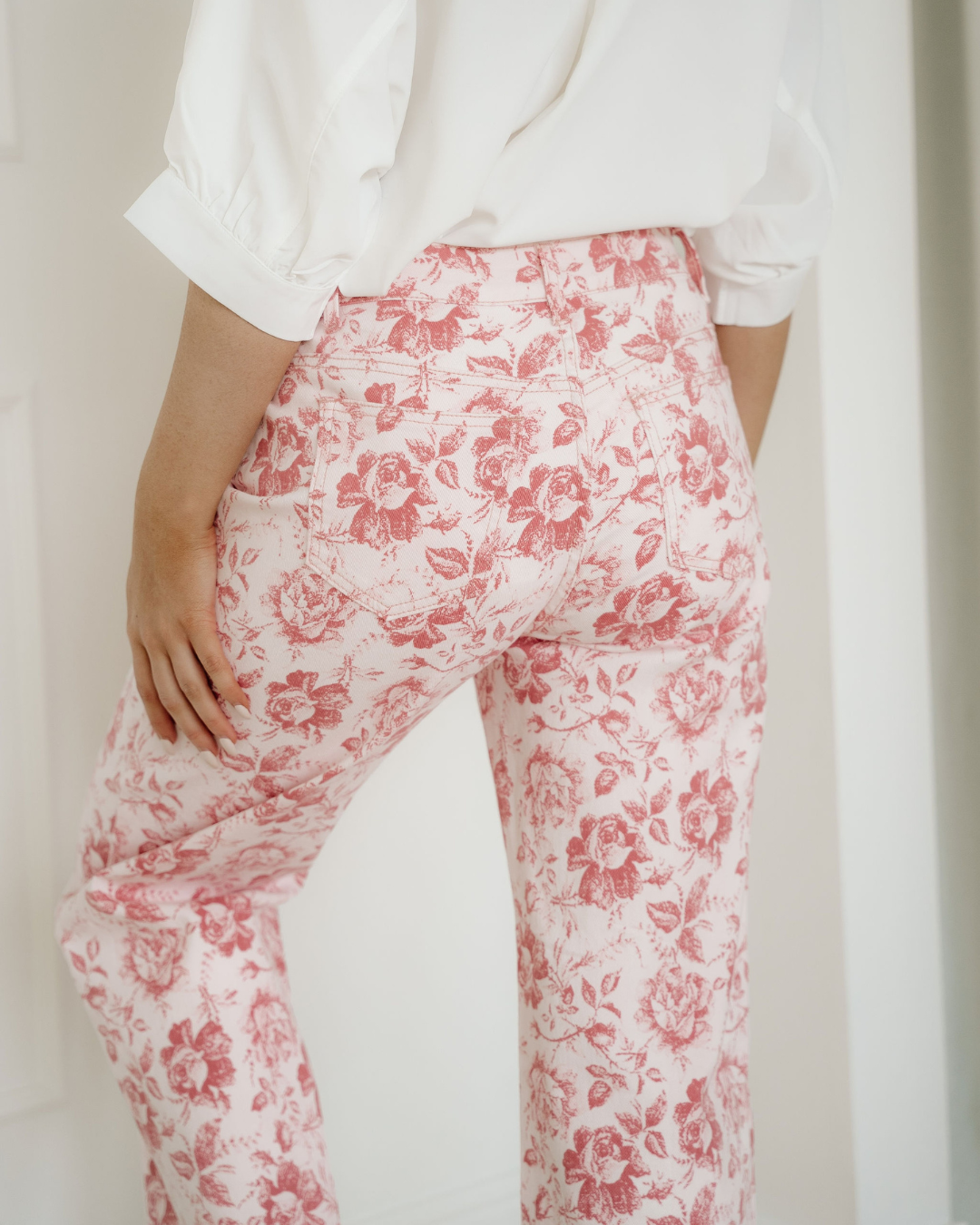 Pink Vintage Floral Print Denim Shift Pants Indie & Co.