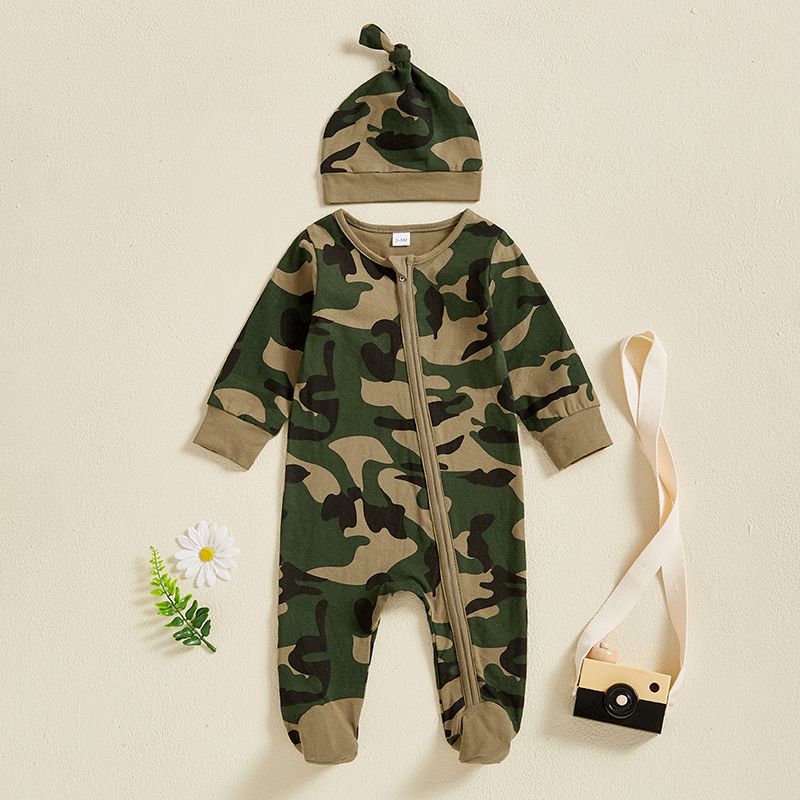 Newborn Baby Girls Boys Camouflage Military Deisgn Romper Infant Cute Zipper Casual Jumpsuit Hairband Hat Set Clothes For Girls And Boys Stevvex