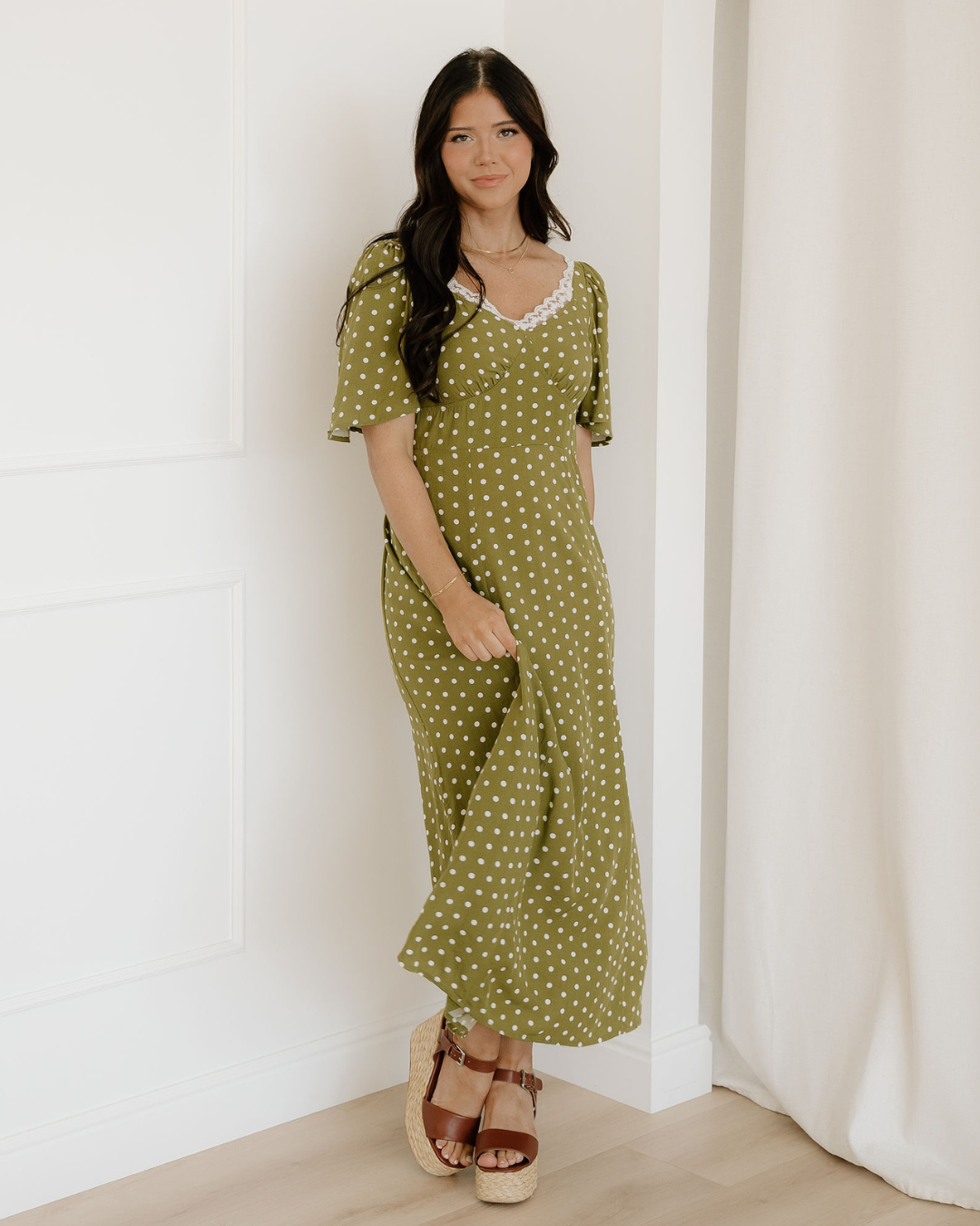 Maleah Polka Dot Print Lacy Neckline Smocked High Waist Maxi Dress Indie & Co.