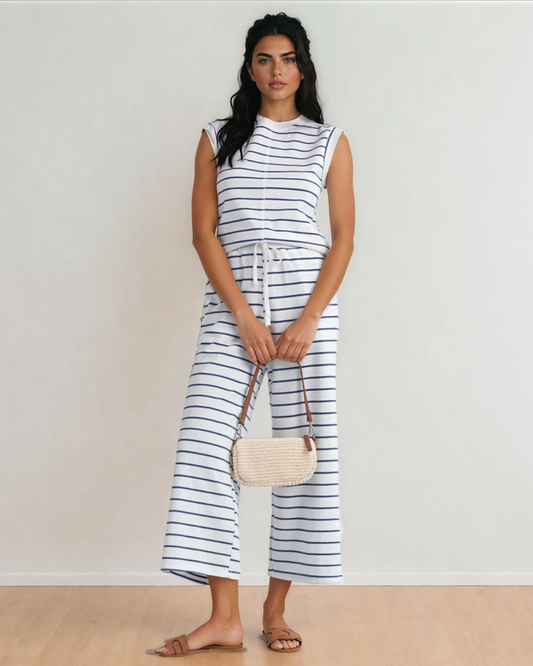 Clementine Striped Tee and Wide Leg Pants Set - Blue