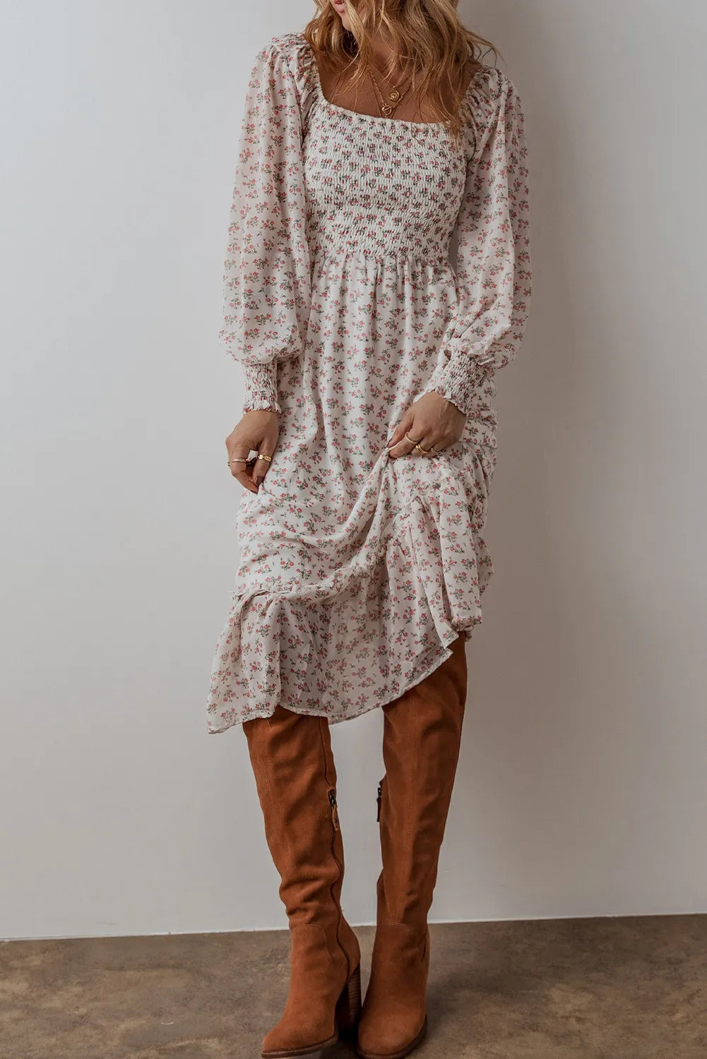 Smocked Floral Square Neck Long Sleeve Midi Dress Creative Chaos Boutique