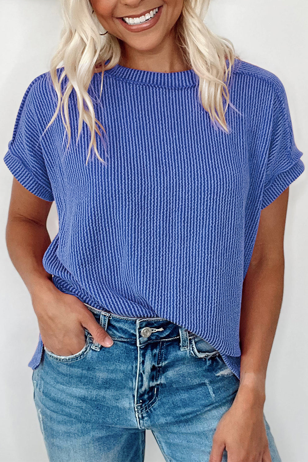 White Crinkle Rib Textured Knit Round Neck T Shirt