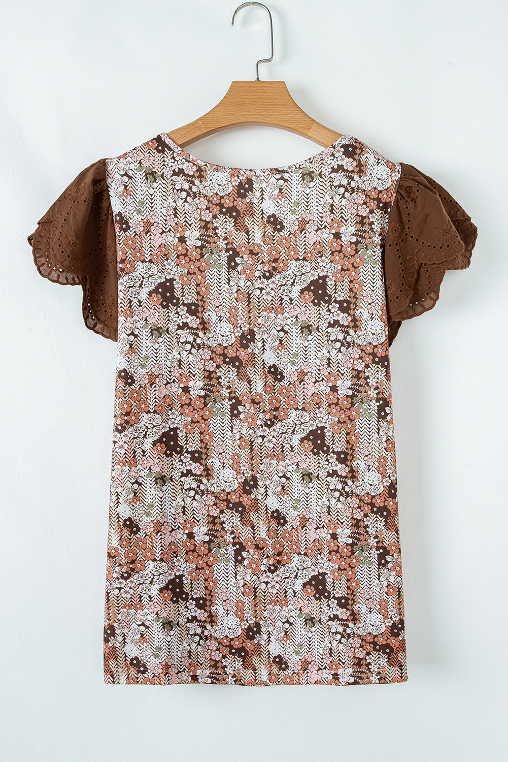 Blue Floral Print Square Neck Lace Patchwork Sleeve Blouse
