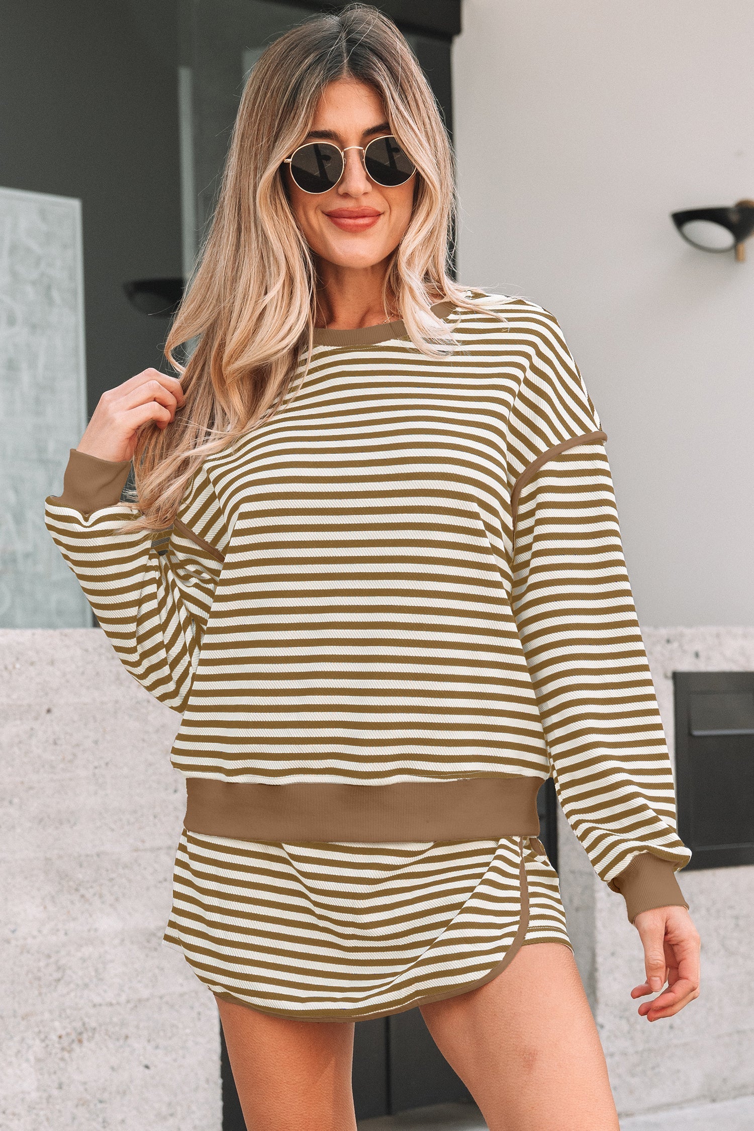 Black Stripe Textured Drop Shoulder Pullover Top Drawstring Mini Skirt Two Piece Dress Set Wild and Free Boutique