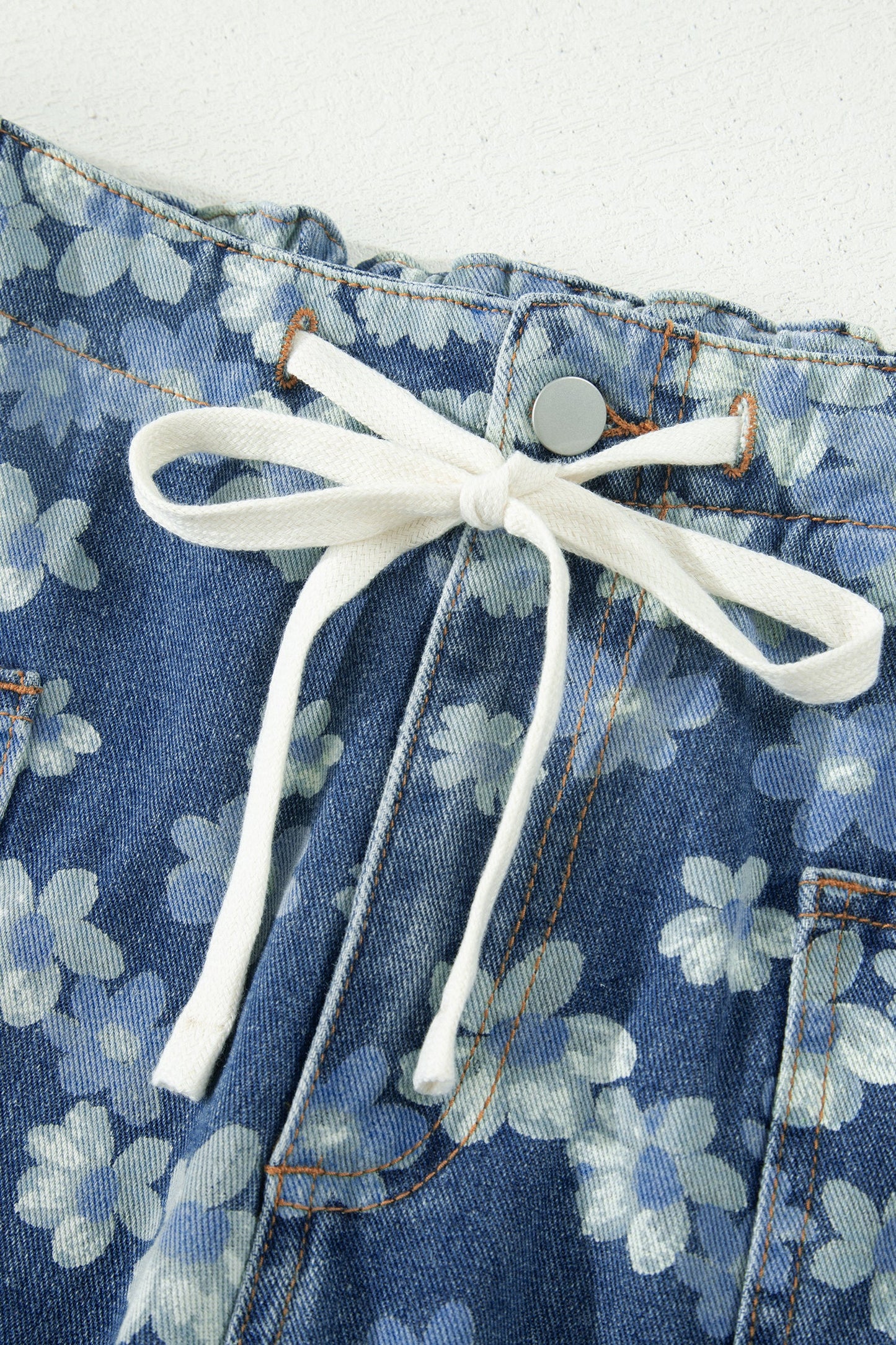Sky Blue Dainty Floral Printed Drawstring Barrel Jeans