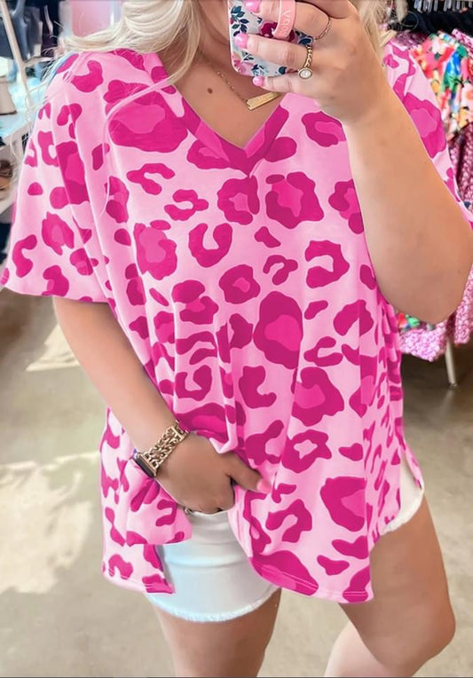 Plus size Pink Leopard Print Vneck Tee