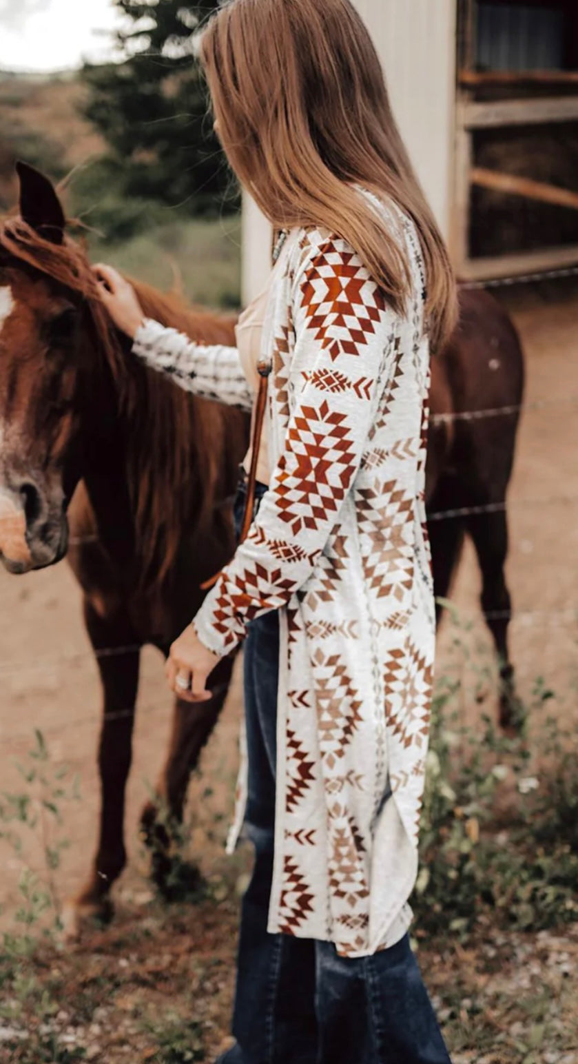 Aztec Open Front Long Sleeve Cardigan- Ships 9/6