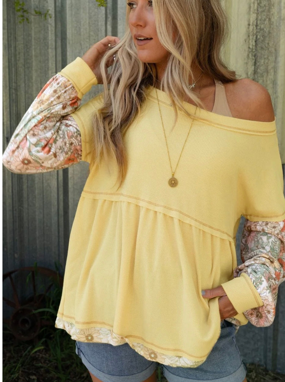 Floral Patchwork Waffle Knit Babydoll Blouse