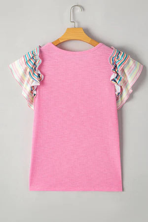 SWEET AS CANDY PINK STRIPED FLUTTER SLEEVE BLOUSE **SHIPPING EXPECTED TO BEGIN ON DATE 3/30**