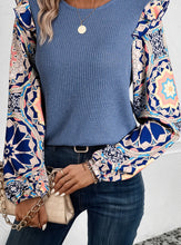 Load image into Gallery viewer, Ruffled Floral Patchwork Sleeve Waffle Knit Blouse
