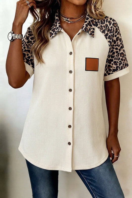 White Ribbed Texture Button Down Leopard Patchwork Short Sleeve Shirt Wild and Free Boutique