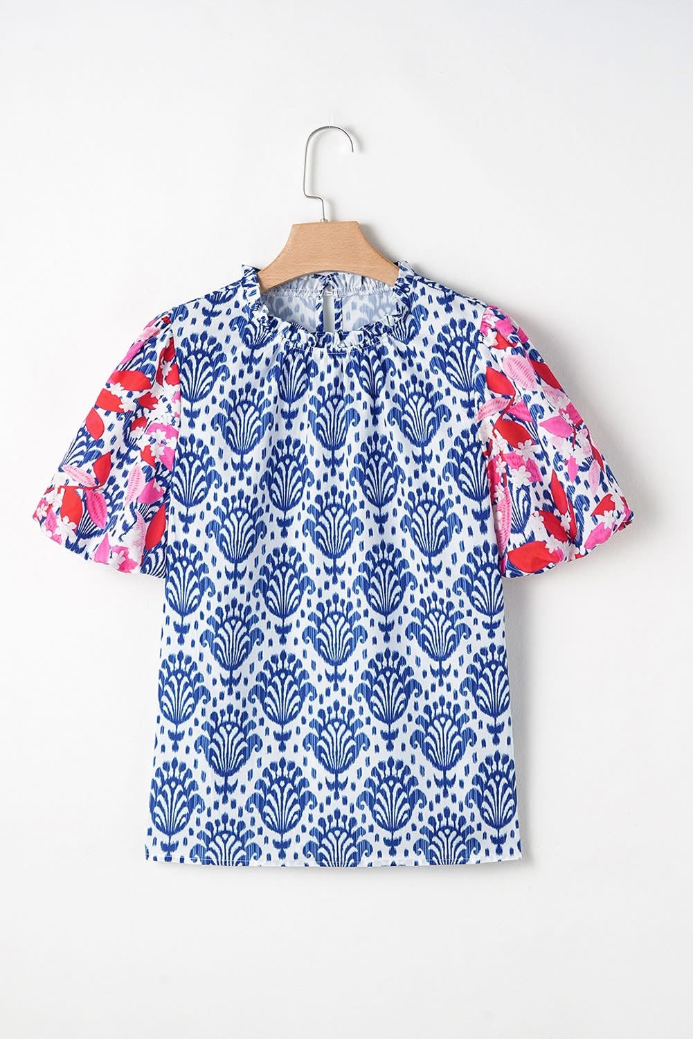 Blue Western Fashion Floral Puff Sleeve Neck Blouse