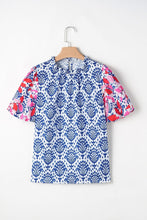 Load image into Gallery viewer, Blue Western Fashion Floral Puff Sleeve Neck Blouse
