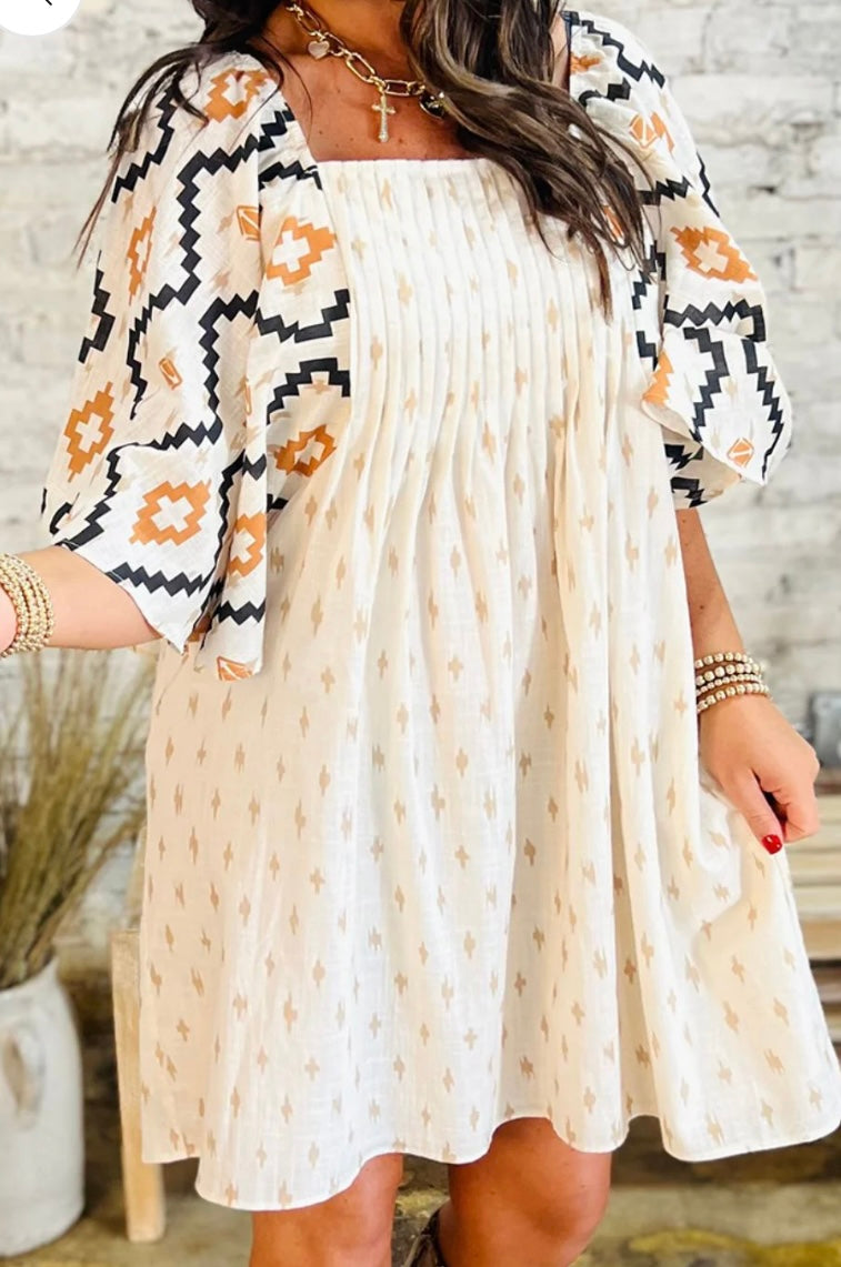 Geometric Square Neck Half Sleeve Mini Dress