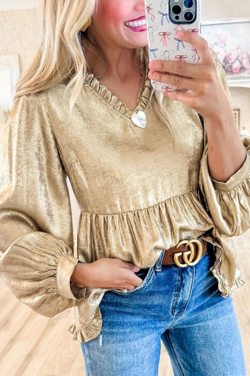 MOMENT TO SHINE METALLIC GOLD FRILLY BABYDOLL BLOUSE **SHIPPING EXPECTED TO BEGIN ON DATE 11/05**