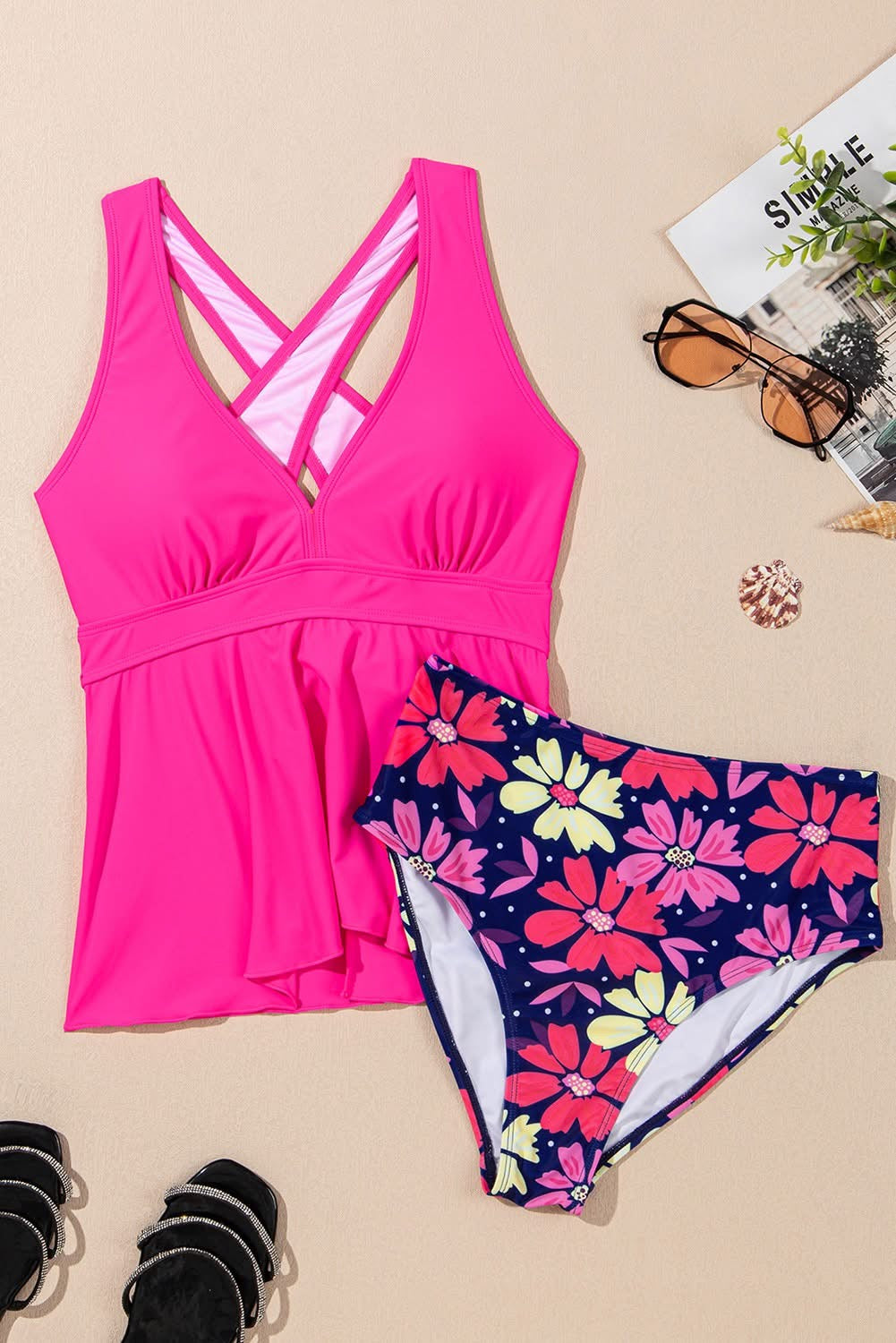 Rose V Neck Ruffled Hem Floral Tankini Set
