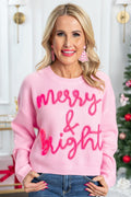Christmas in August Pink Merry & Bright Pop Up Letter Waffle sweater