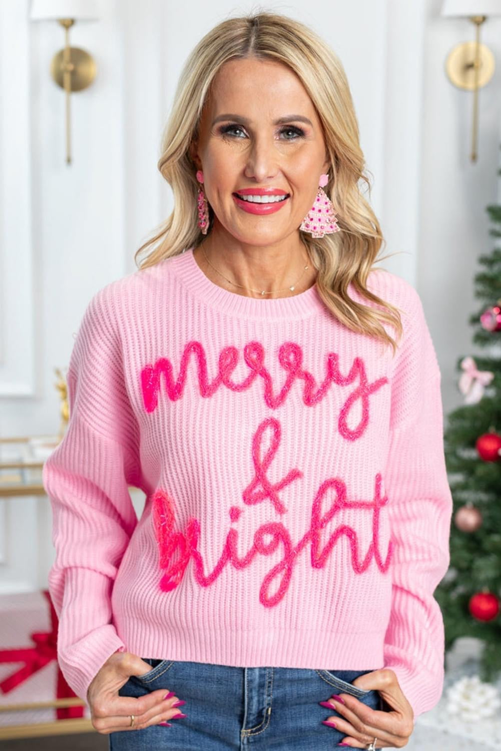 Christmas in August Pink Merry & Bright Pop Up Letter Waffle sweater