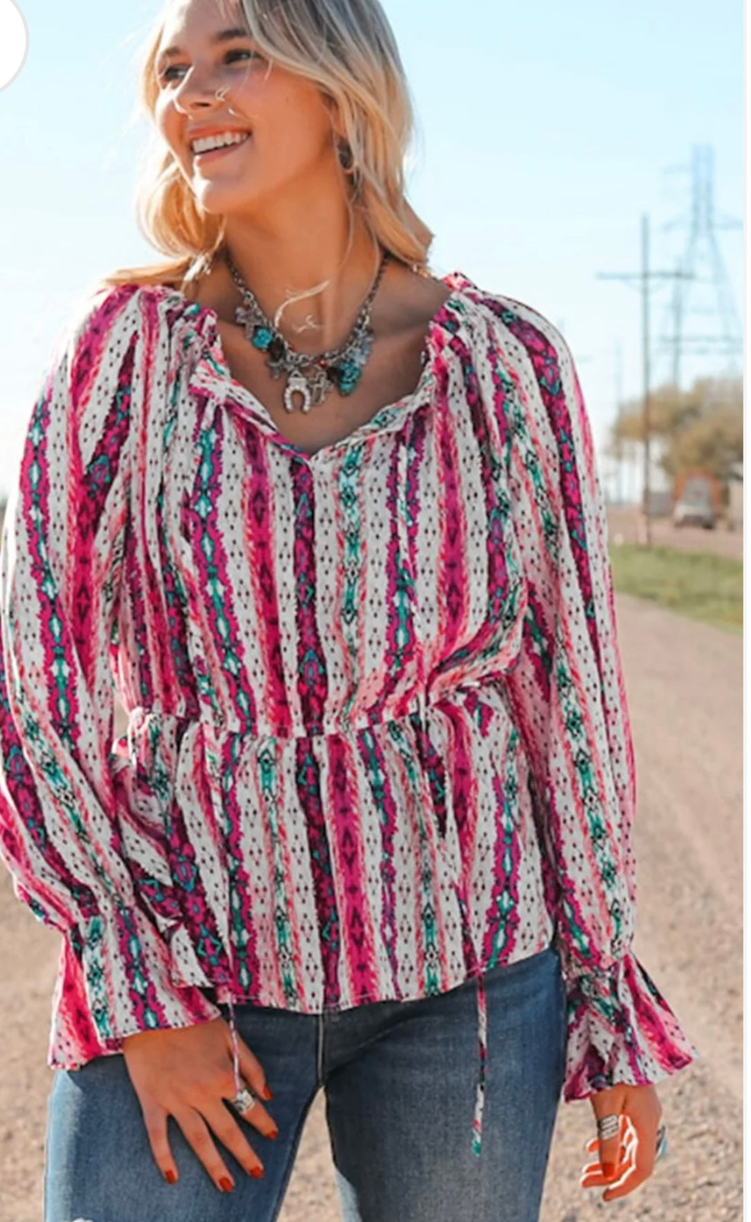 Multicolour Western Print Split Neck Peplum Blouse Amazing Willow Co