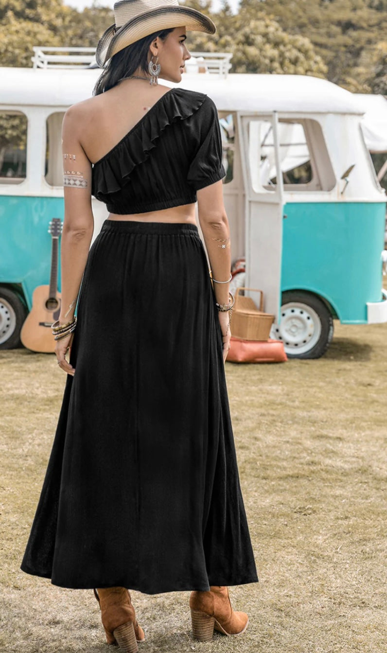 Ruffled Single Shoulder Top Slit Skirt Set
