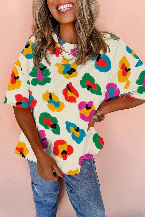 Rainbow Leopard Drop Shoulder Top