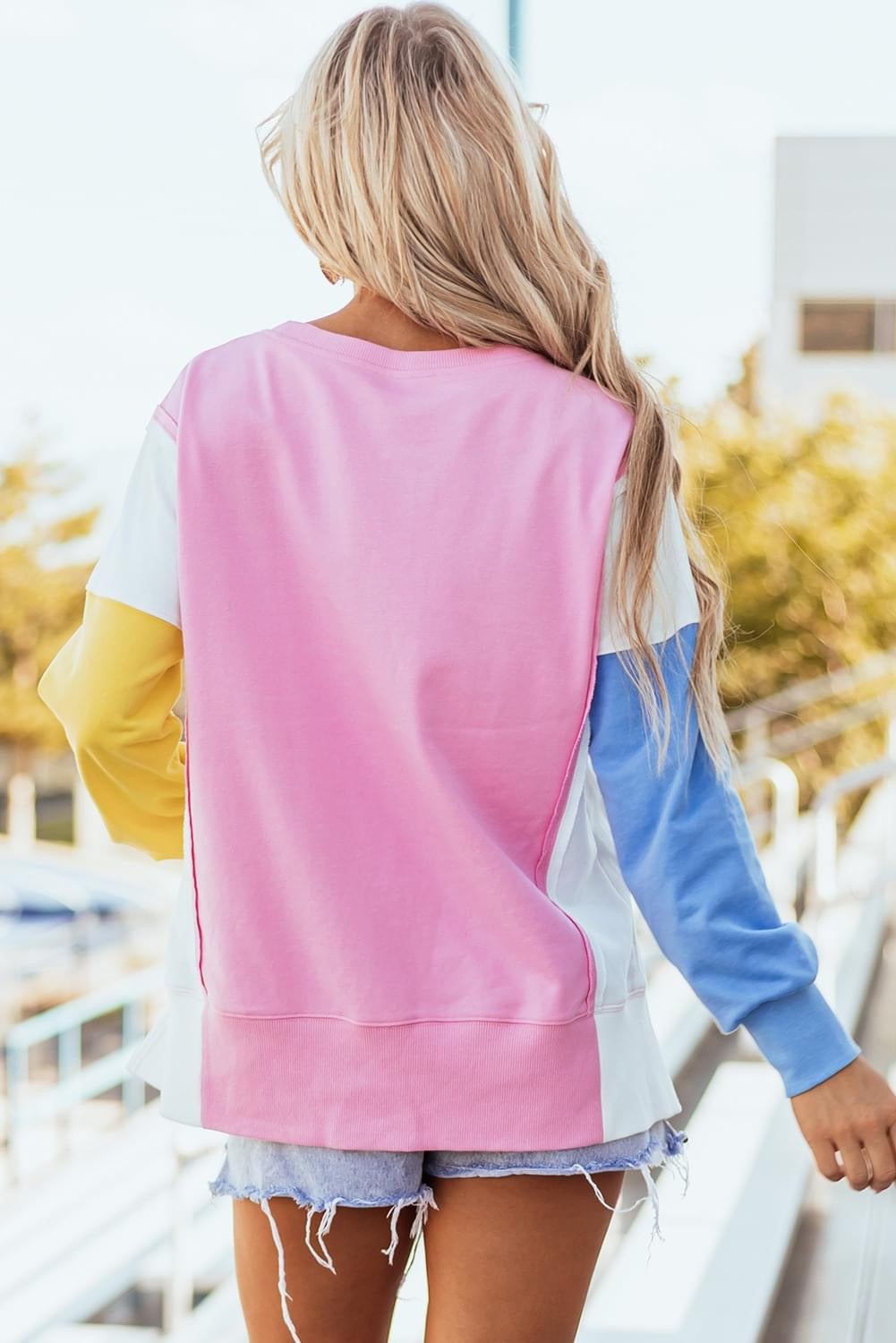 Pink Color Block Exposed seam crewneck sweatshirt