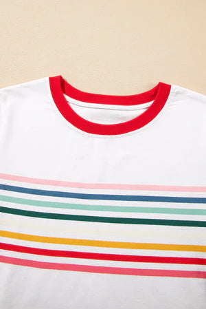 RAINBOW STRIPED WHITE T-SHIRT **SHIPPING EXPECTED TO BEGIN ON DATE 3/12**